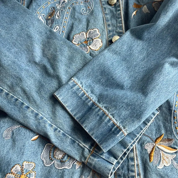 Vintage Floral Stitched Denim Jean Jacket XL - Picture 5 of 6